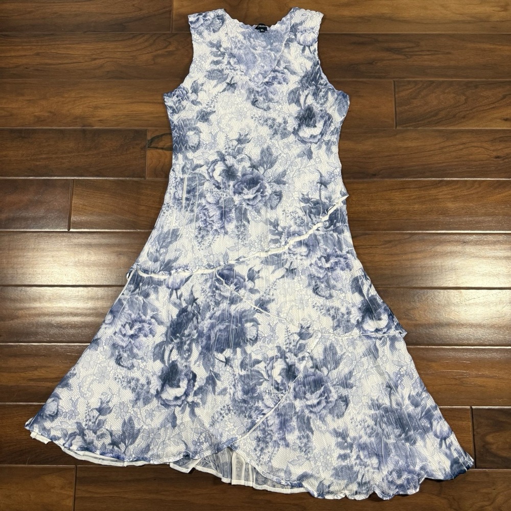 Komarov Size XL Blue V Neck Sleeveless Ruffle Tiered Charmeuse Chiffon Dress